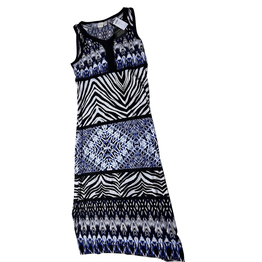 Chicos The Knit Kit Maxi Dress Blue Zebra Ikat Print Sleeveless Size 2 Large NWT
